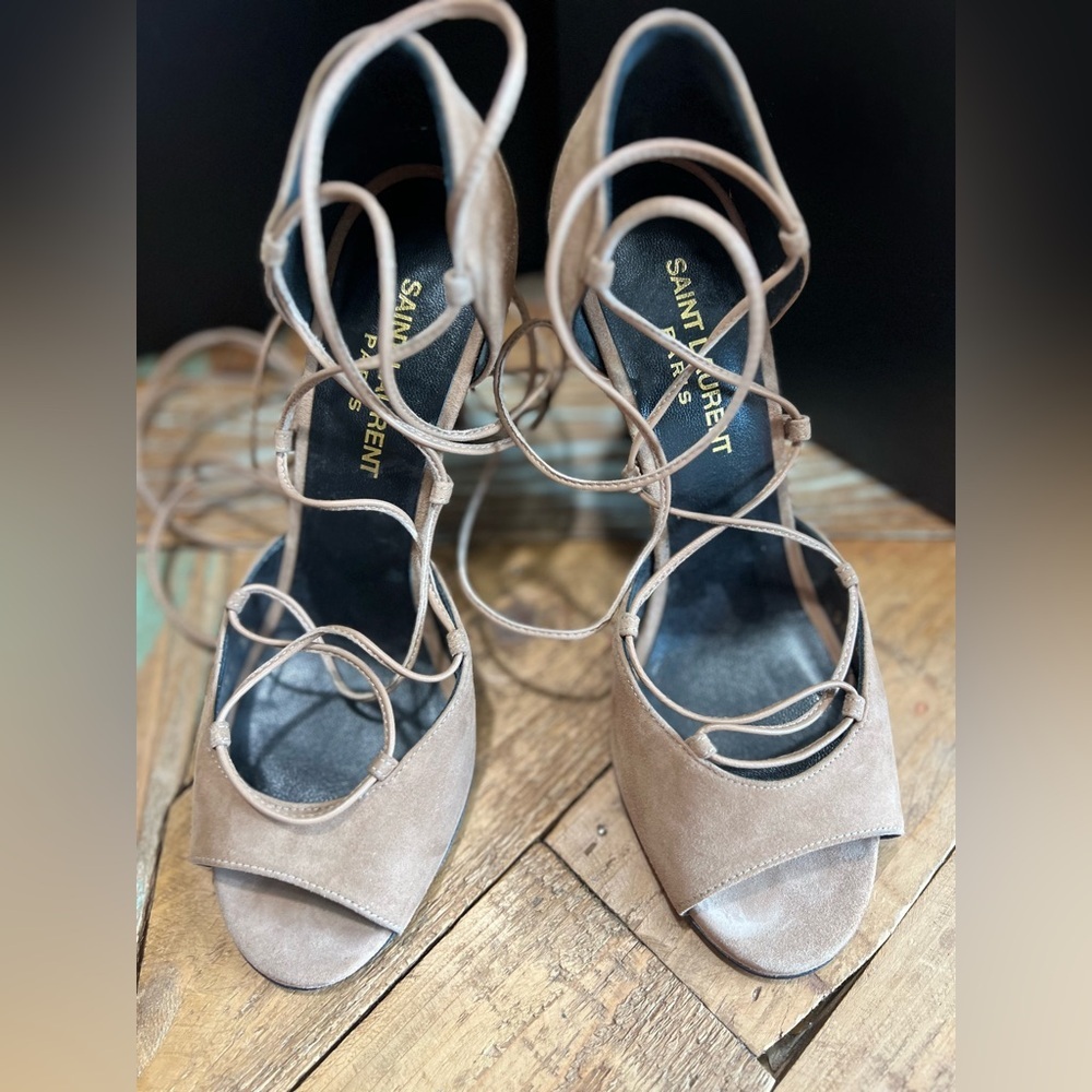 Saint Laurent Suede Lace Up 4" Heels Open‎ Toe Tan Sandals Size 36/ US 6